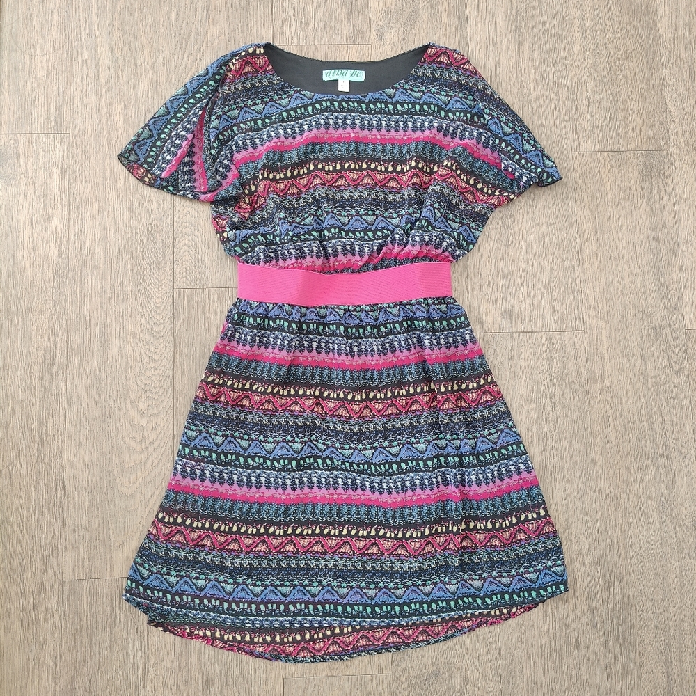 Multicolored Tribal Pattern Striped Short Sleeve Mini Summer Dress